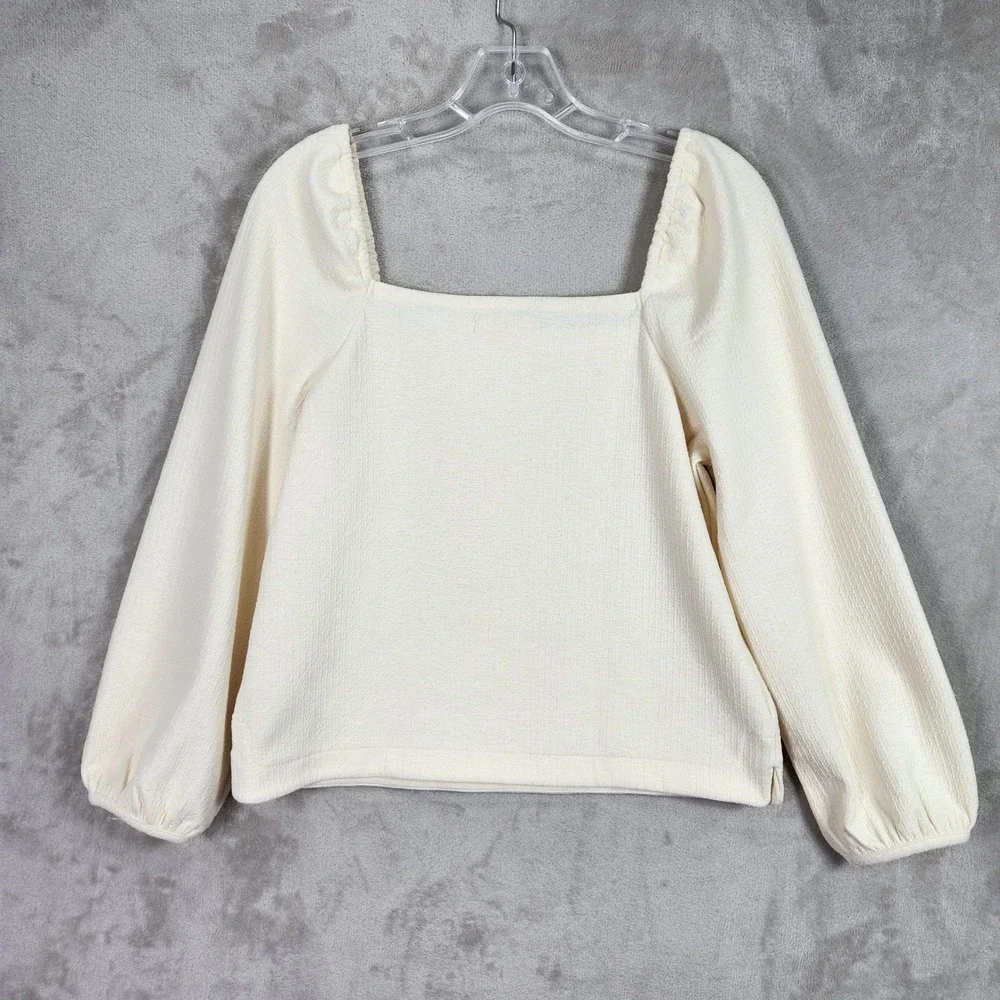 Madewell Top Women Small Cream Square Neck Puff Sleeve Textured Crepe Minimalist